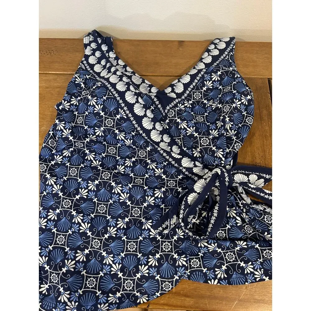 Lands' End Sz 12 Mini Swim Tankini Seashell Geo Navy Side Tie Summer Beach NWT